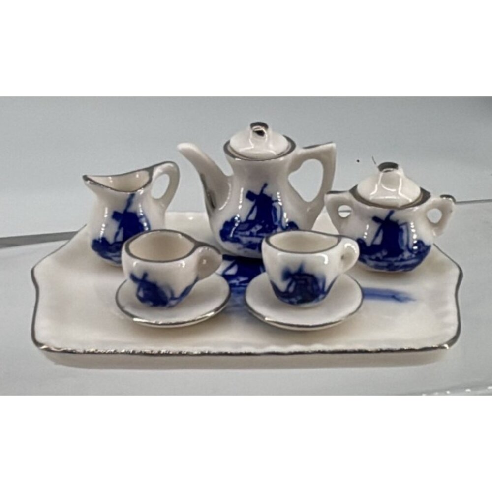 Miniature Delft Blue and White Tea Set from Netherlands